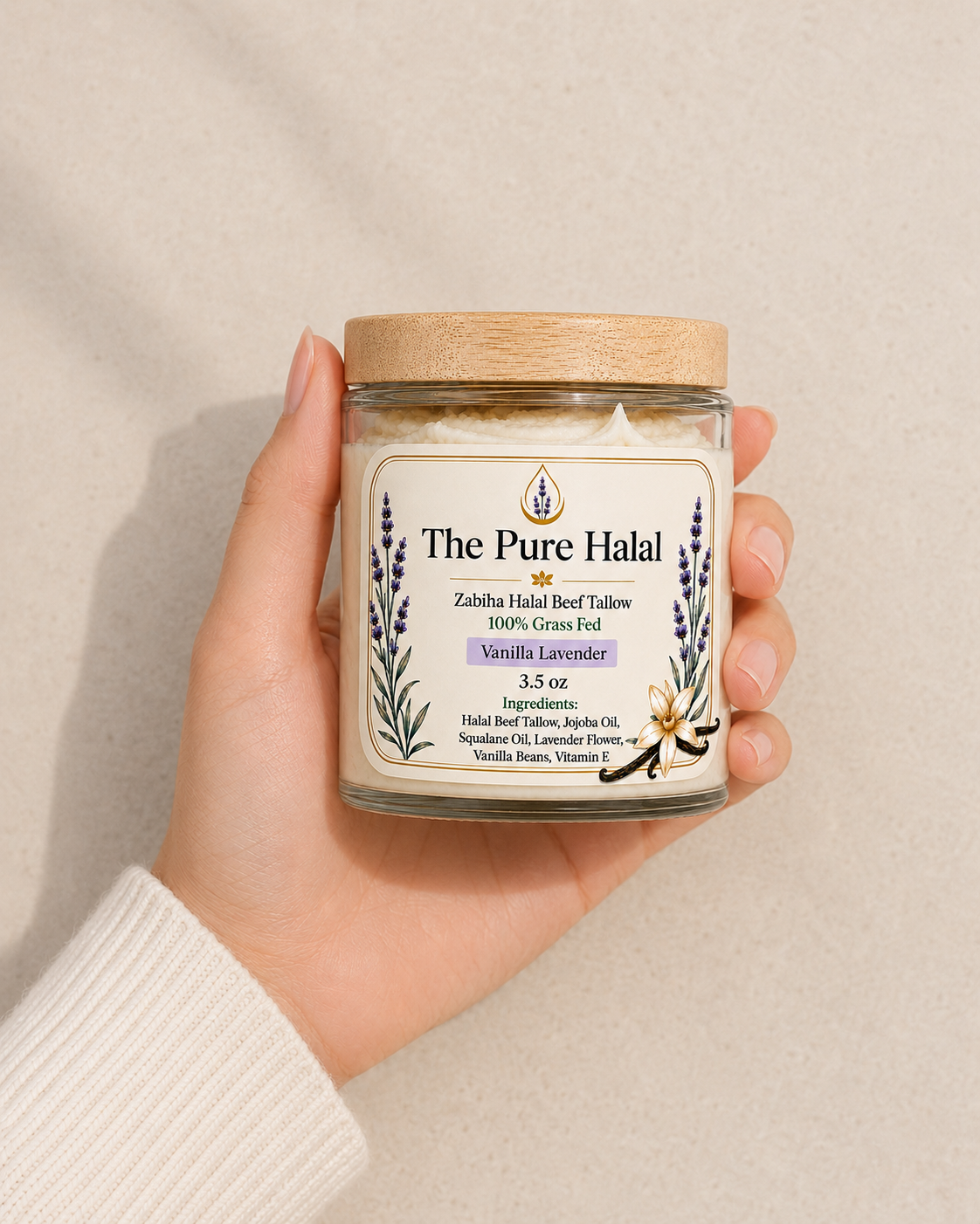 Hand holding The Pure Halal vanilla lavender tallow jar